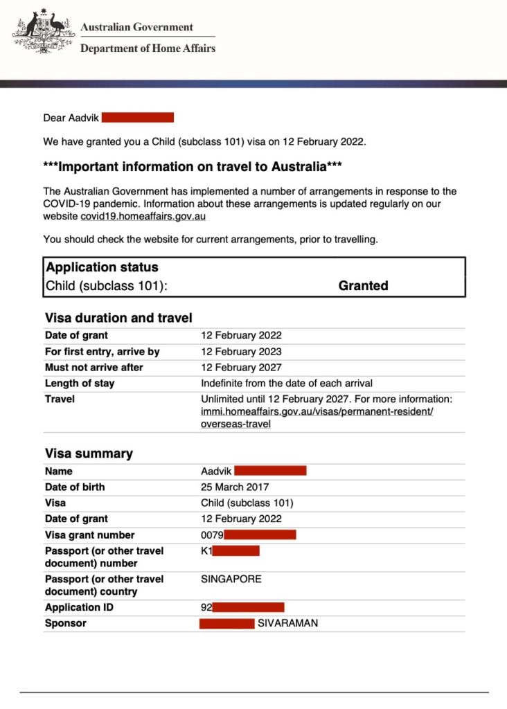 Approval For Australia Child Visa Subclass 101 12th February 2022 